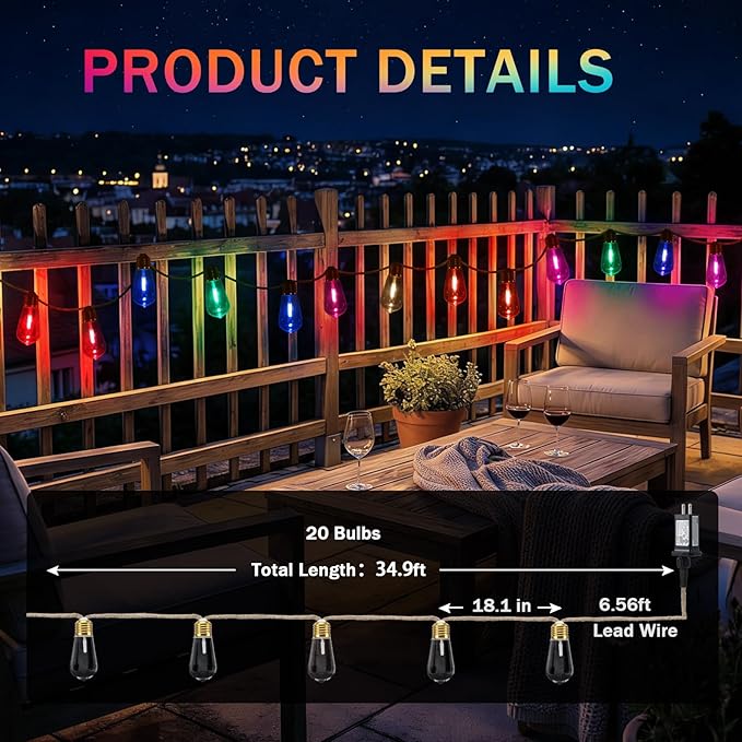 (New) Outdoor String Lights, 8 Modes Colorful LED Patio Lights, 24FT Waterproof Shatterproof Fairy Lights, Hemp Rope Hanging Lights for Garden, Yard, Party, Christmas Decor