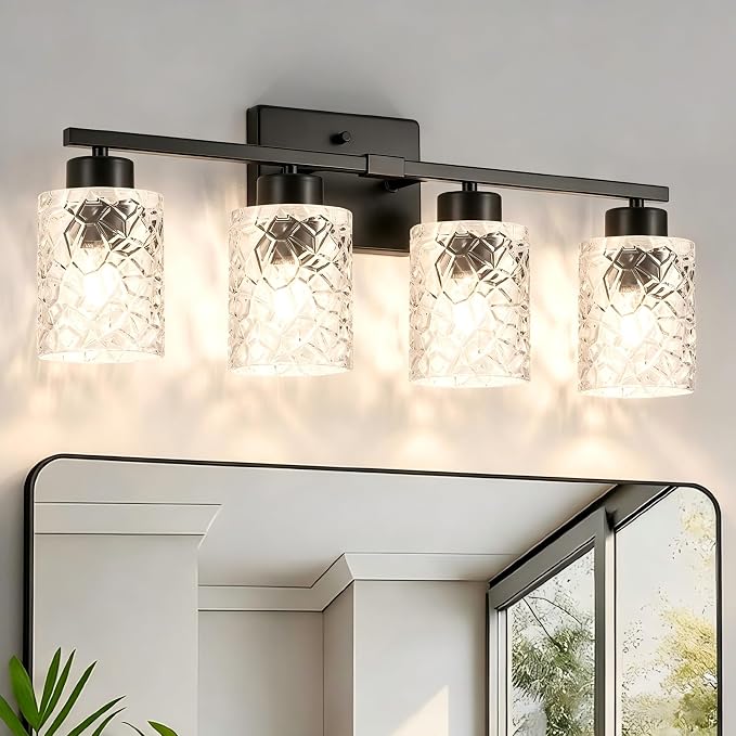4-Light Bathroom Light Fixtures, Black Vanity Lights Over Mirror | Wall Sconces with Clear Textured Glass Shades for Living Room Bedroom Hallway,E26 Base (Bulbs Not Included)