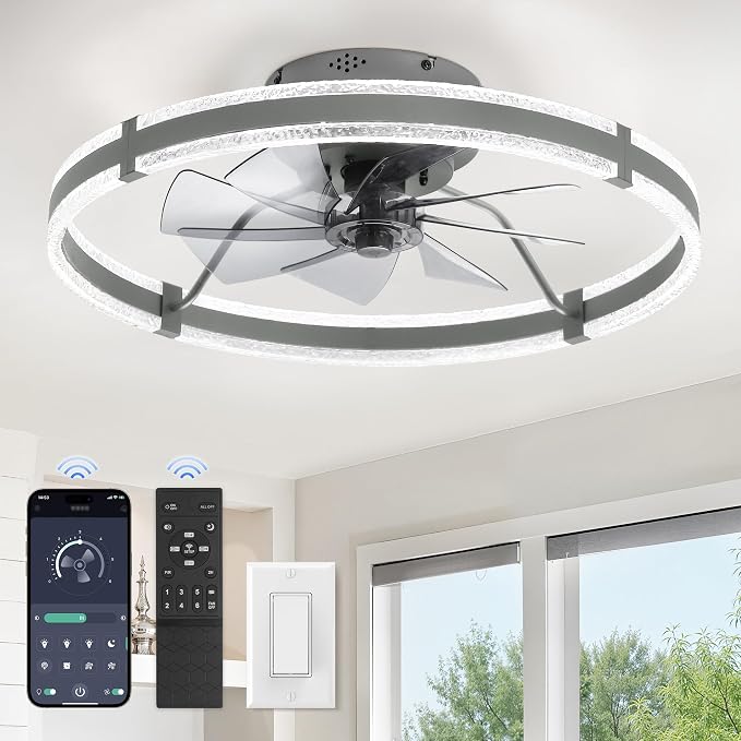 LEDIARY 24'' Modern Low Profile Ceiling Fans with Lights and Remote, Gray | 3000-6000K Dimmable LED, 6 Wind Speeds, Quiet Reversible DC Motor, Small Flush Mount Fandelier for Bedroom, Living Room
