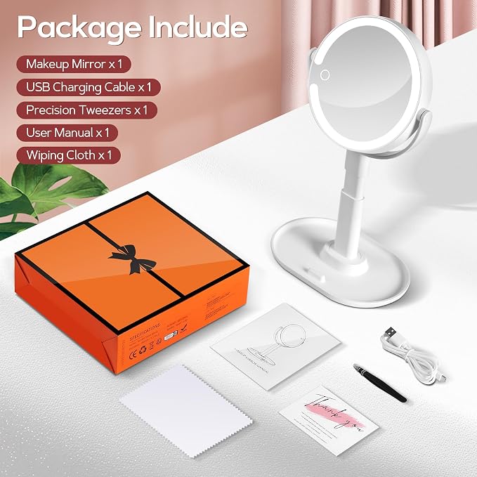 Vanity Mirror with Lights, 30X Magnifying Makeup Mirror with 3 Lighting and Adjustable Brightness, Rechargeable 2-Sided Height Adjustable Desk Mirror for Bathroom, Women Gifts for Mom