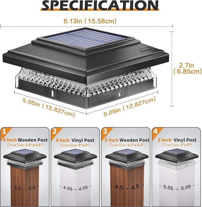 SIEDiNLAR Solar Post Cap Lights, 12 Pack 2 Modes 50 Lumens, 4x4 5x5 Wooden/Vinyl Posts Waterproof Outdoor Lighting for Deck Fence Patio, White/Warm (Black)