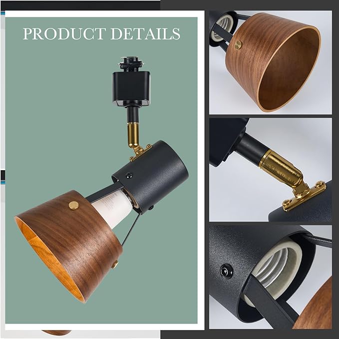 TeHenoo Modern H Type Track Lighting, Adjustable Track Heads,Matte Black Finish and Natural Wood Lampshade Spotlights, E26 Socket,Brass Swivel Item Kit, for Accent Retail-Pack of 3