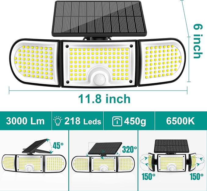 Solar Outdoor Lights, 3000LM 218 LED Motion Sensor Lights with Remote Control, IP65 Waterproof,270° Wide Angle Flood Wall Lights with 3 Modes for Outside Patio Wall (1pc)