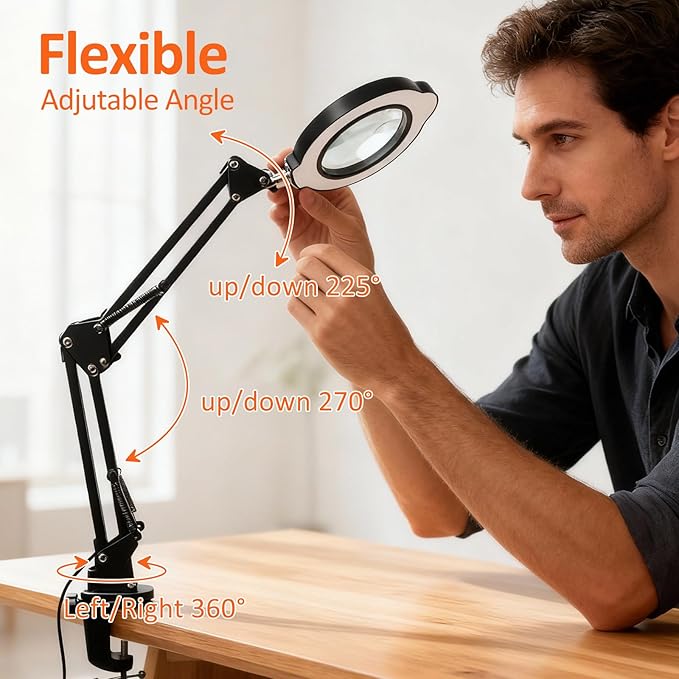 10X 30X Magnifying Glass with Light, Desktop LED Magnifying Lamp with Clamp, 5 Color Modes, 10 Dimmable Levels Lighted Magnifying Glass, Magnifying Glass for Reading, Crafts, Jewelry, Sewing