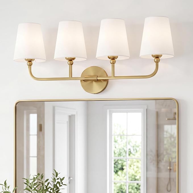 4-Light Brushed Gold Bathroom Vanity Light with White Fabric Shade | 28 Inch gold bathroom light fixture over mirror, UL listed, E26 bulbs, hardwired, upward only, VL837-BG-4K