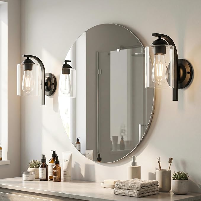 2-Pack Wall Sconces Lights Lamp for Bedroom Bathroom, Modern Vanity Light Fixtures, Black Farmhouse Wall Mount Lighting Lanterns with Clear Glass Shade for Living Room Mirror Hallway Kitchen