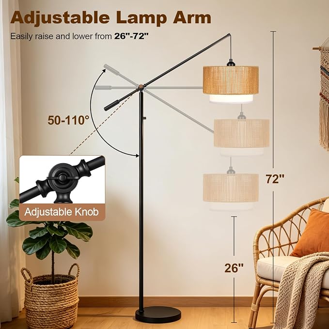 【Upgraded】Boho Dimmable Floor Lamps with Adjustable Swing Arm, 1100 Lumens Bulb Included, Modern Standing Lamp with Rattan & Fabric Shades, Farmhouse Tall Arc Floor Lamp for Living Room Bedroom, Black