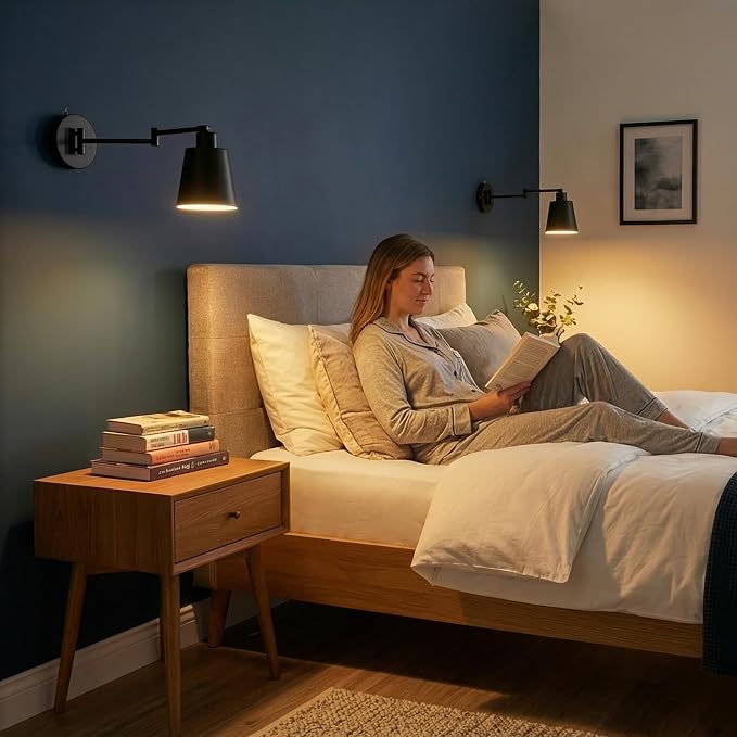 OSYNNIQ Wall Sconce Light with Adjustable Swing Arm for Bedside Reading | Wall Lamp, Modern, Industrial, Lighting Fixture, Black, Hardwired, for Bedroom/Living Room/Indoor, LED E26 Bulb Included