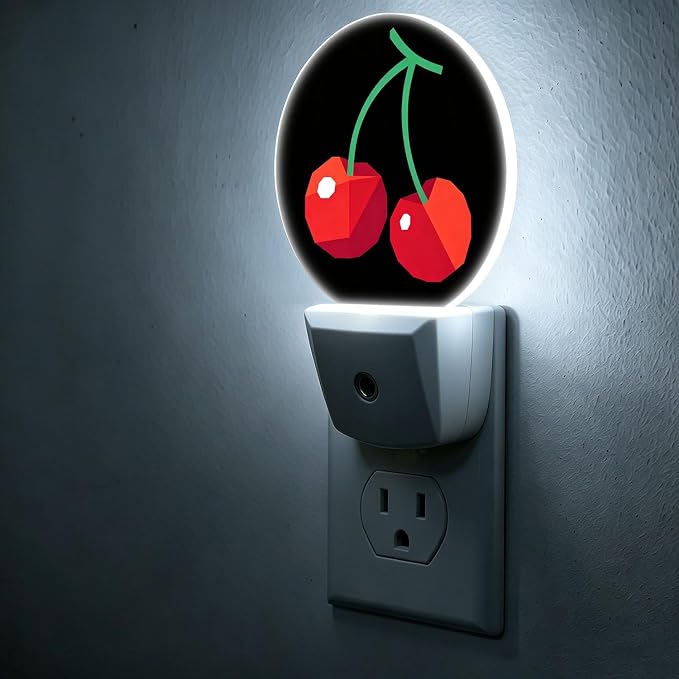 Nightlight Red Cherry Plug-in Night Lights Dusk to Dawn | Sweet Fruits Printed Night Light LED Round Lamp with Auto on/off Sensor for Kitchen Hallway Bedroom Bathroom