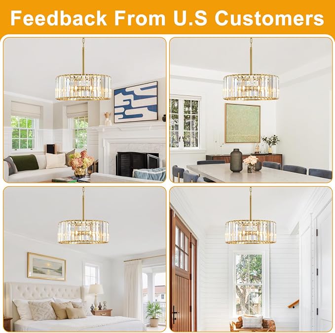 15" Gold Crystal Chandelier for Dining Room, 4-Light Modern Dining Room Light Fixtures Over Table, Hanging Pendant Lights Fixture for Kitchen Island Dining Room Living Room Bedroom Foyer Entryway
