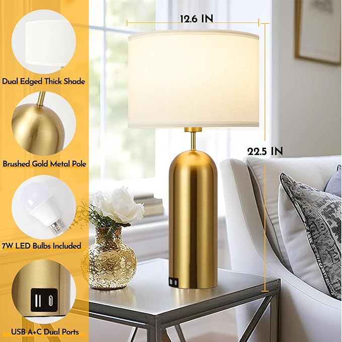 Gold Lamps Set of 2 Touch Control 3-Way Dimmable Bedside Nightstand Lamps Bedroom Lamps Modern White& Gold Table Lamp with USB Type C Ports Tall Lamps for Living Room End Table Home Office
