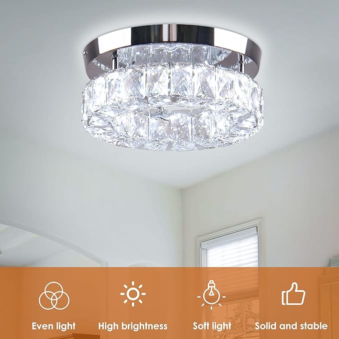 9.8" Crystal Flush Mount Ceiling Light Fixtures LED Round Mini Chandelier Light Fixture Ceiling Lamp for Kitchen Hallway Foyer 15 W 6000K