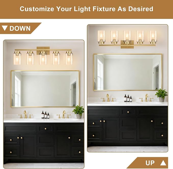 IZORRO Modern Bathroom Light Fixtures, 5 Light Brushed Gold Vanity Lights, Bathroom Lighting Fixtures Over Mirror with Clear Glass for Living Room Cabinet Bedroom