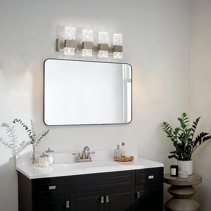 Modern Bathroom Light fixtures Brushed Nickel Dimmable Vanity Lights for Bathroom Crystal LED Bathroom Lighting fixtures Over Mirror 4 Light 6000K