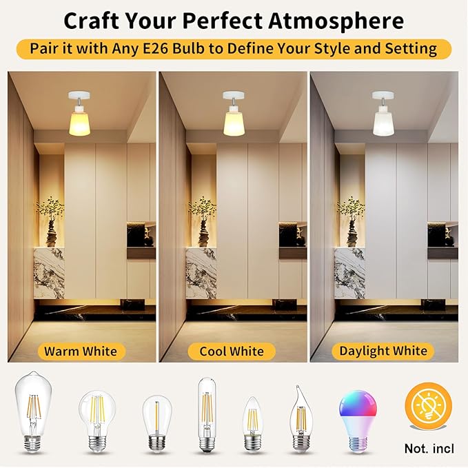 HiBay 1-Light Ceiling Track Lighting Fixture Farmhouse, Modern White Directional Flush Mount Spotlight w/Linen Shade for Bedside Picture Studio Art, E26 Base (Bulbs Not Included)