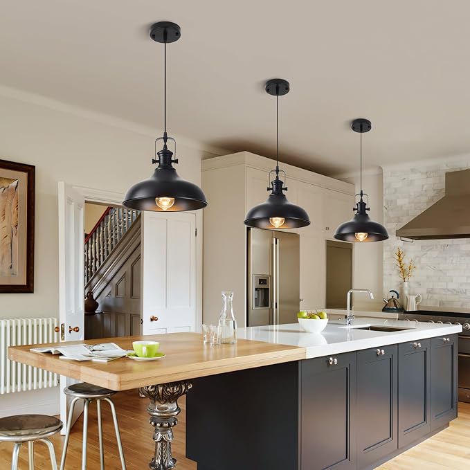Matte Black Dome Pendant Lights 3 Pack, 11.41" Industrial Farmhouse Pendant Light, Adjustable Cord Pendant Lighting for Kitchen Island Dining Porch Sink Hallway Entryway
