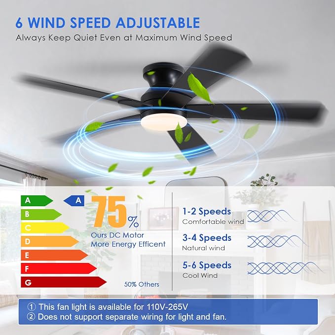 52 inch Ceiling Fans with Lights, Black Flush Mount Ceiling Fan with Remote, 3CCT, LED Dimmable, Reversible, 6 Fan Speeds, Quite Low Profile Ceiling Fan with Lights Modern Bedroom Kitchen Indoor