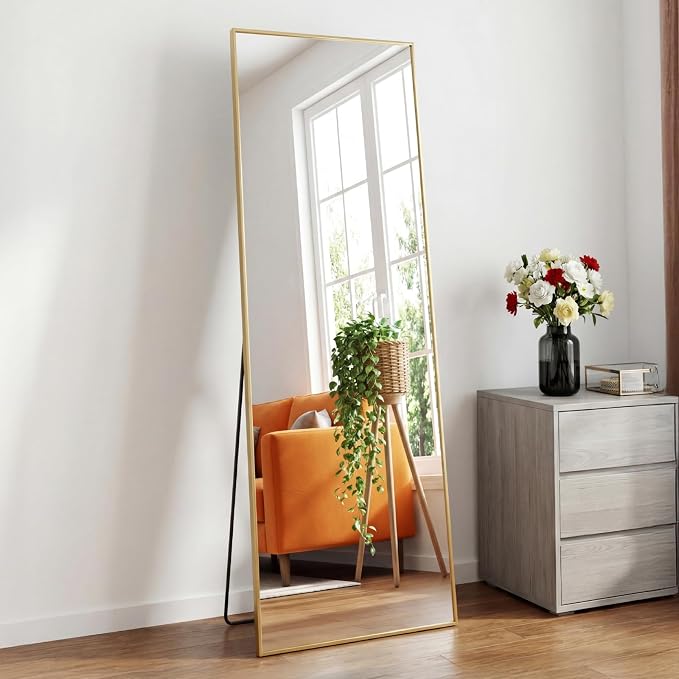 DUMOS Full Length Mirror 19"x 58" for Bedroom, Full Body Mirror with Stand, Hanging or Leaning for Wall, Aluminum Alloy Thin Frame Floor Standing for Living Room, Long, Gold