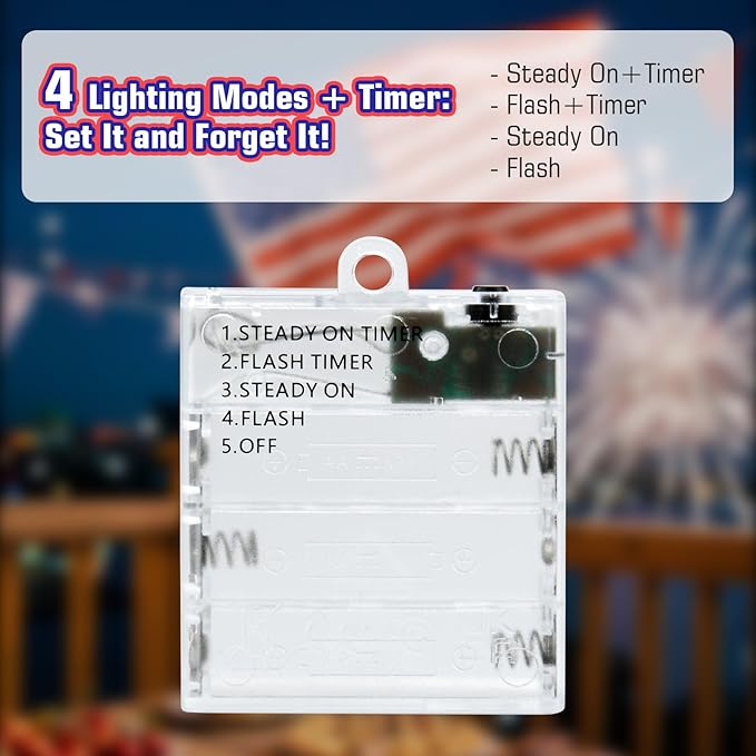 Red White and Blue Fairy Lights Battery Operated, 4th of July Lights with Timer 16.4ft 50LED for 4th of July Independence Day Memorial Day Decorations