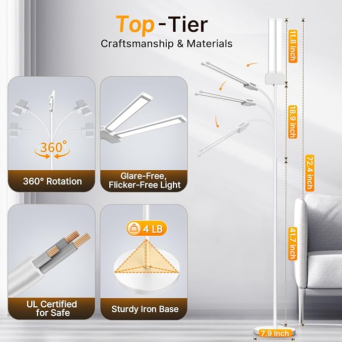 Syrinx LED Floor Lamp, 18W 2000LM Bright Reading Floor Lamp, Dual Head Gooseneck Standing Lamp, Smart Motion Sensor, Remote Control, Dimmable Brightness & Color Temp, for Living Room Bedroom Office