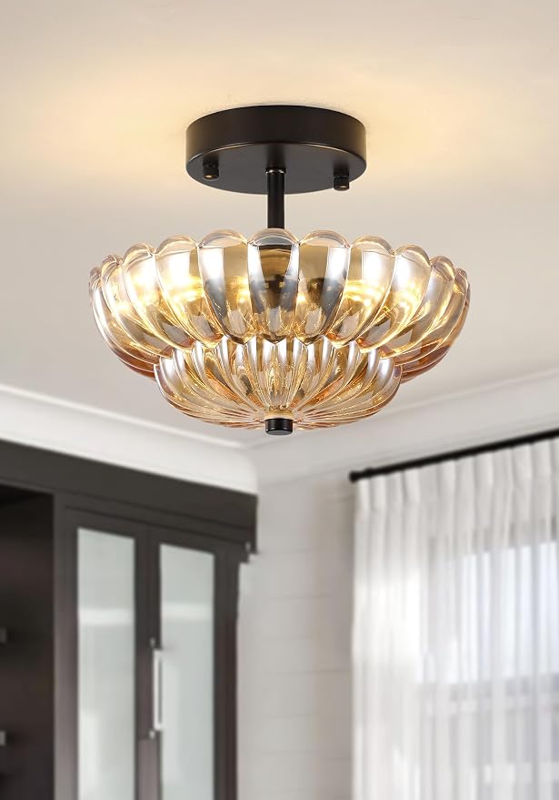 Semi Flush Mount Ceiling Light, Mini Vintage Black Close to Ceiling Light Fixture with Glass Shade, Modern Lighting for Bedroom Hallway Kitchen Laundry-Amber