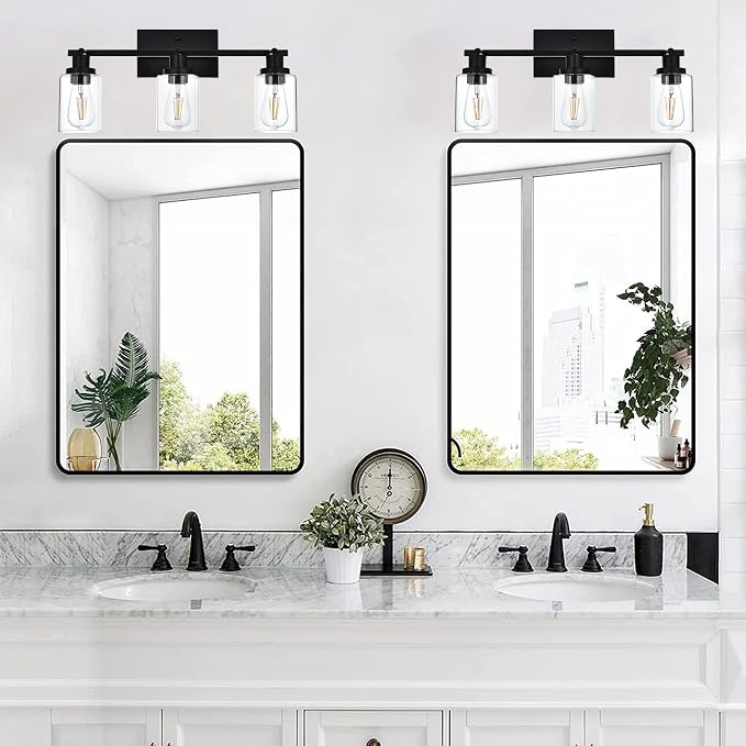 MELUCEE 3 Light Bathroom Vanity Light Black with Rotatable Track Head | 20.5 Inch Track Lighting Fixtures Ceiling Vanity Lighting Fixtures for Hallway Porch Foyer Bath Storage, Clear Glass Shade