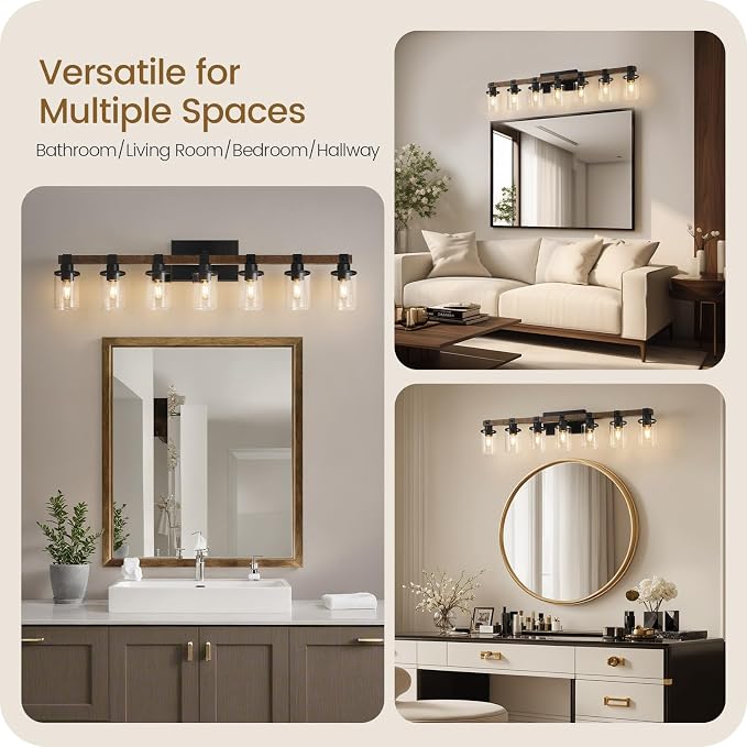 7-Light Bathroom Light Fixture, Farmhouse Vanity Lights for Bathroom with Glass Shade, Rustic Bathroom Light Fixtures, E26 Base F16BD05