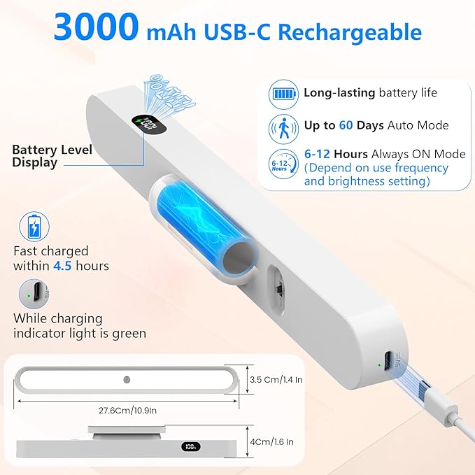 Motion Sensor Light Indoor with Battery Display,3000mAh Rechargeable Under Cabinet Lighting Magnetic Light Bar 300LM Battery Operated Closet Light Makeup Lights Stick On