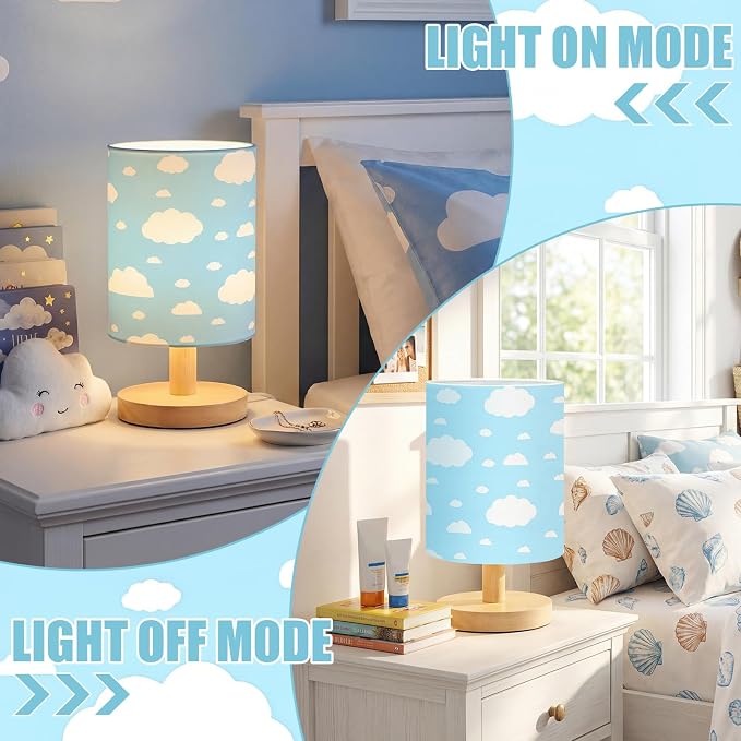 Cloud Kids Table Lamp for Bedroom Kids Bedside Lamp with Linen Wooden Nightstand Cartoon Nursery Lampshade for Girls Boys Living Room