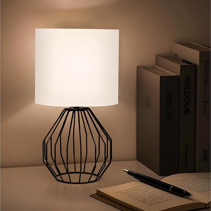 Small Table Lamp Black, Modern Minimalist Desk Lamp with Metal Base White Fabric Shade, Bedside Nightsand Table Lamp for Bedroom, Living Room, Kis Room