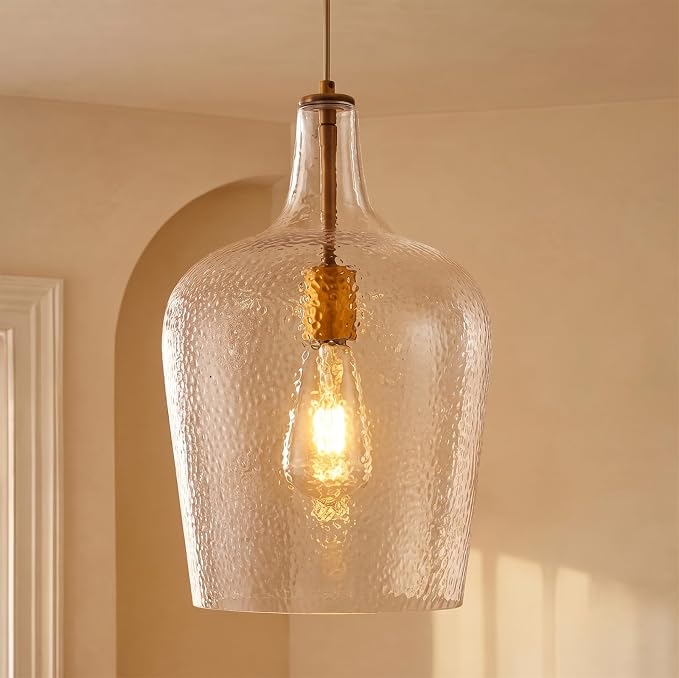 9.3" Blown Glass Pendant Lighting for Kitchen Island, Gold Large Pendant Light Fixture with Blown Thickened Glass, 1 Light Farmhouse Hanging Light for Hallway, Bedroom, Living Room Tall 14 inch