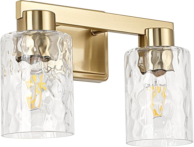 2-Light Bathroom Light Fixtures with Water Ripple Glass, Gold | Vanity Lights, Modern Wall Sconces, Over Mirror for Bathroom, Powder Room, Living Room