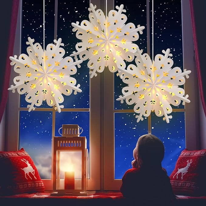 Mudder 3 Pcs Christmas Paper Snowflake Lanterns with 5 LED Light 23.6 Inch 3D White Hanging Snowflake Lamps Winter Party Hanging Decoration for Xmas Trees Holiday Winter Weddings Birthday Celebration