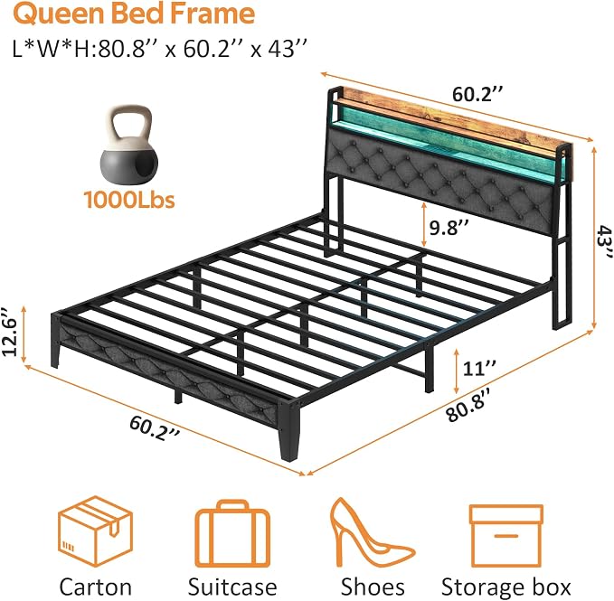 Winkalon Queen Bed Frame with Ergonomic Headboard, Platform Bed Frame with RGB Lights, Outlets & Charger, Fast Assembly Bed Queen Size, Modern Wood Upholstered Headboard,Gray