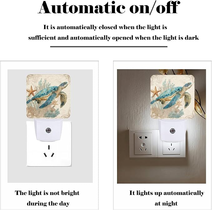 Vintage Ocean Turtle Starfish Night Light,Plug Into Wall with Dusk to Dawn Light Sensors, Warm Nightlights for Bedroom, Bathroom, Hallway, Kitchen, Gifts Ideal for Boys Girls Women Men