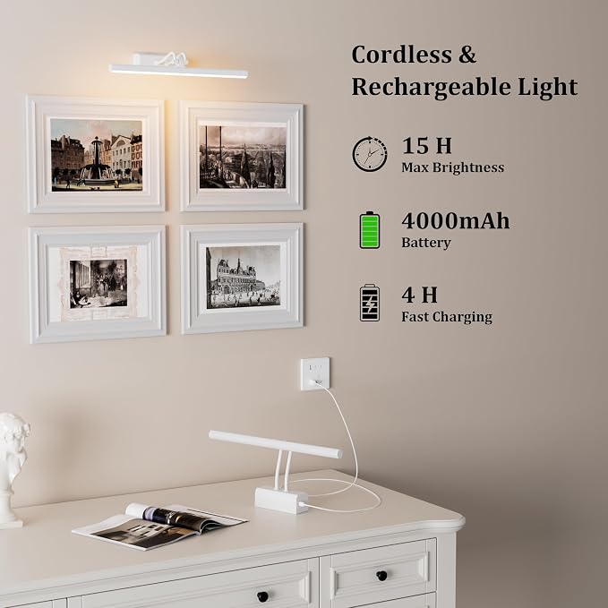 Battery Operated Picture Light for Wall, Remote Control, White | 4000mAh Cordless,Wall Light, Magnetic for Easy to Charge,Timers, Display for Gallery Living Room Bedroom