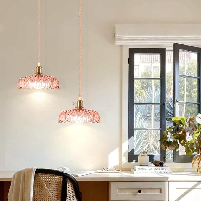 Battery Operated Pendant Light,Vintage Light Fixtures RGB Light Bulb 2500mAh 9.4in Pink Modern Chandelier with Remote Control Wireless Adjustable Rechargeable Chandelier for Kitchen Island 1Light