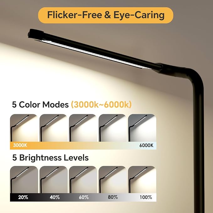 LED Desk Lamp for Home Office: Desk Light Double Head Adjustable with Power Strip 2 AC Outlets, USB-C USB-A Charging Ports Surge Protection, Foldable Table Lamp for College Dorm Room Essentials