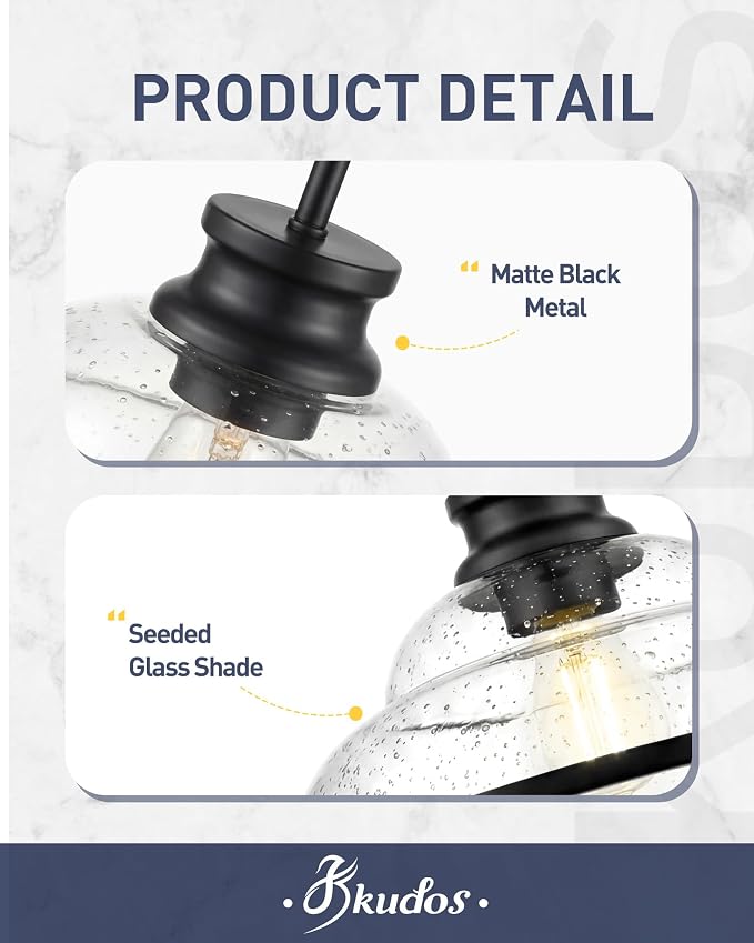 kudos 14" Black Seeded Glass Pendant Light Kitchen Island, KDPL14-BK-M | E26 Bulb Base, Hardwired, Farmhouse Styling, Adjustable Hanging Rods for Flat or Sloped Ceilings, for Kitchen Bars