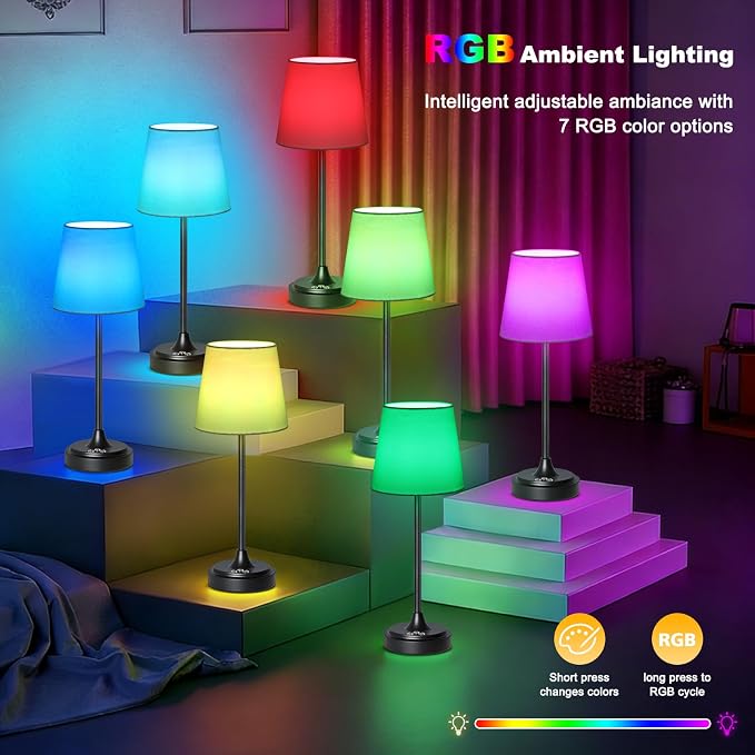 Wowag Cordless Table Lamp Rechargeable,5000mAh Battery Operated Desk Lamp,3 Colors & 7 RGB Stepless Dimmable,Touch Control Ambient Light for Bedside,Bedroom,Dining Room,Living Room,Black,WhiteShade