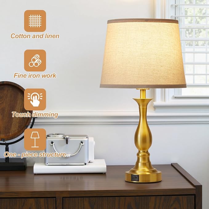 Bedside Table Lamp Touch Control Bedroom Lamps with USB A and C Charging Port 3 Way Dimmable Touch Lamps for Nightstand Living Room Bedroom Dorm Home Office Reading, Set of 2