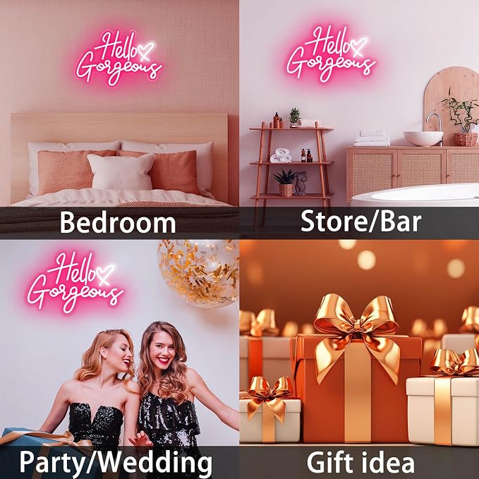 Hello Gorgeous Neon Signs for Wall Decor with Heart, Pink Gorgeous LED Sign Lights for Bedroom Dorm Home Salon Wedding Party, Cute Makeup Dressing Beauty Room Decor, Preppy Girls Woman Cave