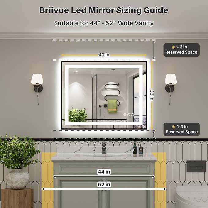 40x32 Inch LED Bathroom Mirror with Black Frame, Backlit & Front Lit | Anti-fog, 3 Color Dimmable, Memory Function, HD Reflection Tempered Glass, ETL Listed, IP54 Waterproof