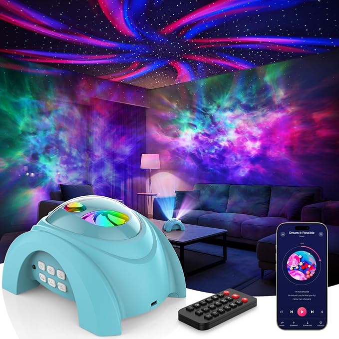 Rossetta Dual Lens Galaxy Star Aurora Projector Night Light for Bedroom | 58 Light Effects, White Noise, Bluetooth Speaker, Music Sync, Remote Control, Timer, Room Decor Gift for Kids Adults Teens