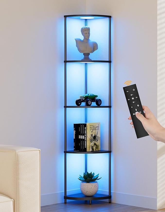 Corner Shelf with RGBCW LED Light, 64.5” Tall Floor Lamp Narrow Bookshelf Organizer, Standing Shelves with Metal Pole, Display Storage Rack for Wall Corner, Living Room, Bedroom, Office Décor, Black