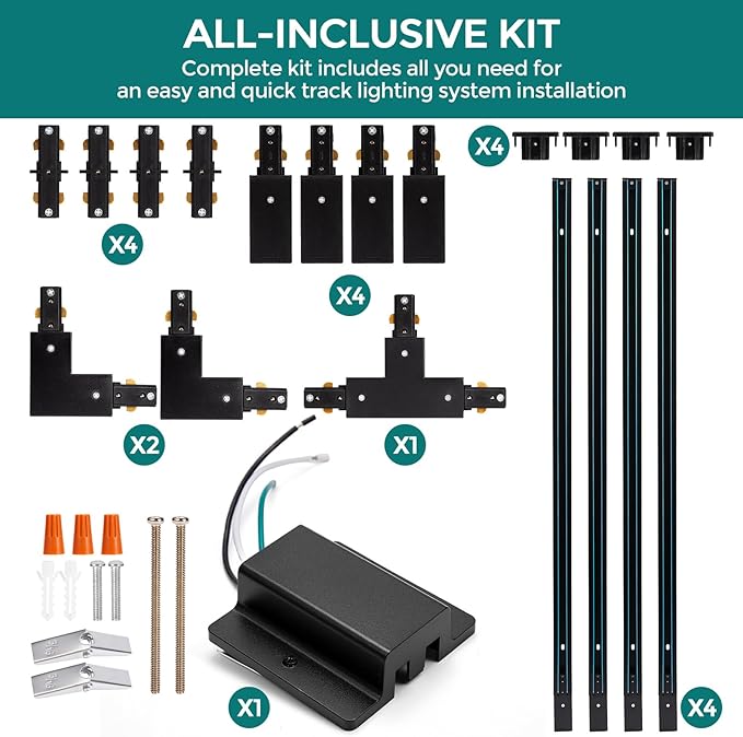 H Track Lighting Rails Kit - iCreating 13ft Black Track Light Track 3 Wire with Floating Canopy Connector, I and L Connectors for Single Circuit H Type LED Track Lighting Heads Fixtures