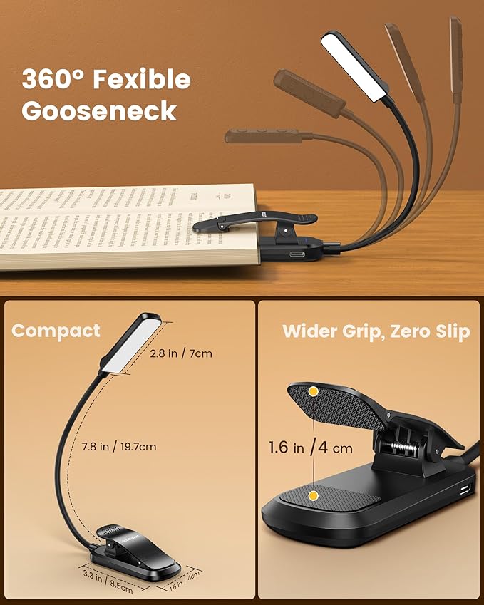 Glocusent 13 LEDs Book Light for Reading at Night, 120 Hrs Runtime Rechargeable Reading Light, Eye Caring 3 Colors & 5 Stepless Dimming Brightness 3–60LM, Book Light Clip On for Book Lovers Kids