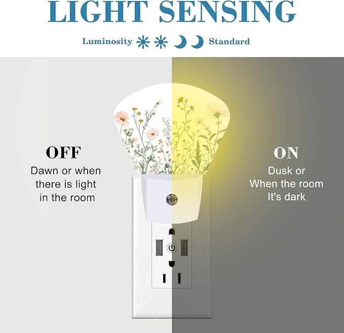 Wildflowers Plug in Night Lights, Watercolor Colorful Wildflowers Nightlight Plug Into Wall Dusk to Dawn Sensor for Kid Girls Boys Women Men Room, Hallway, Kitchen, Bathroom, Stairs Decor