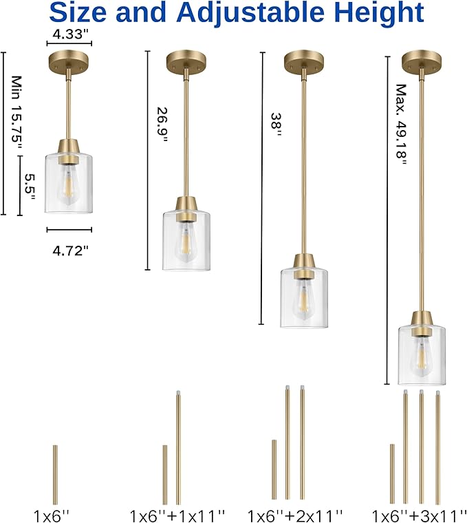 3 Pack 1 Light Brass Pendant Lights Kitchen Island, Gold Modern Chandelier Clear Glass Shade, Adjustable Multiple Stems Rods Hanging Farmhouse E26 Socket Light for Dining Room Bedroom Bar