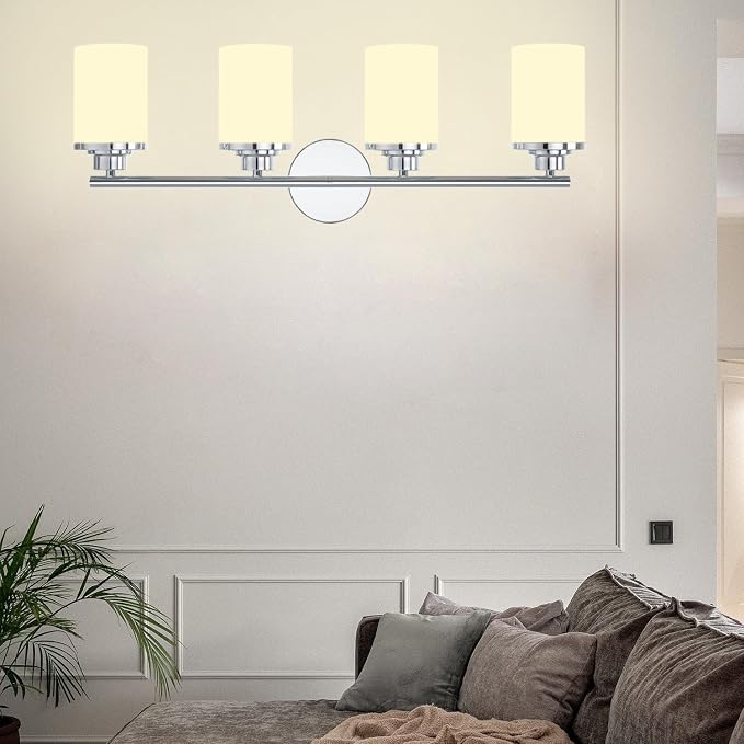 Chrome Mid-Century Modern Bathroom Sconce with Frosted Glass, 4-Light Vanity Lights Over Mirror
